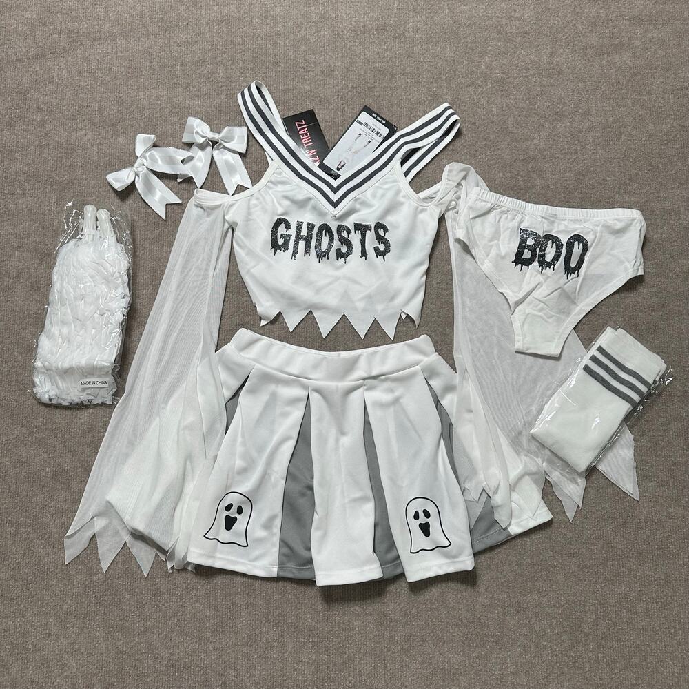 Dolls Kill Pastel Goth Spooky Cheerleader Costume Set White Gray Size XXS NEW